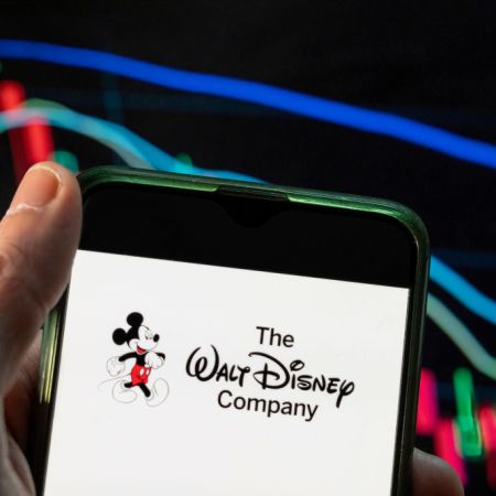 The Walt Disney Company text and Mickey Mouse character on a smartphone. Disney recently patented virtual reality, metaverse adjacent tech for their theme parks.