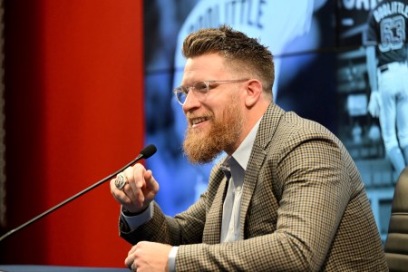 Sean Doolittle #63 of the Washington Nationals talks at a press conference about his retirement at Nationals Park on September 22, 2023 in Washington, DC.