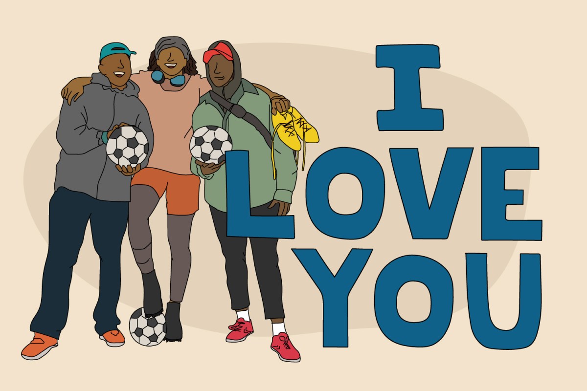 An illustration of three young men after a soccer match next to the words "I Love You." We discuss the difficulty straight men still have expressing their love for their male friends.