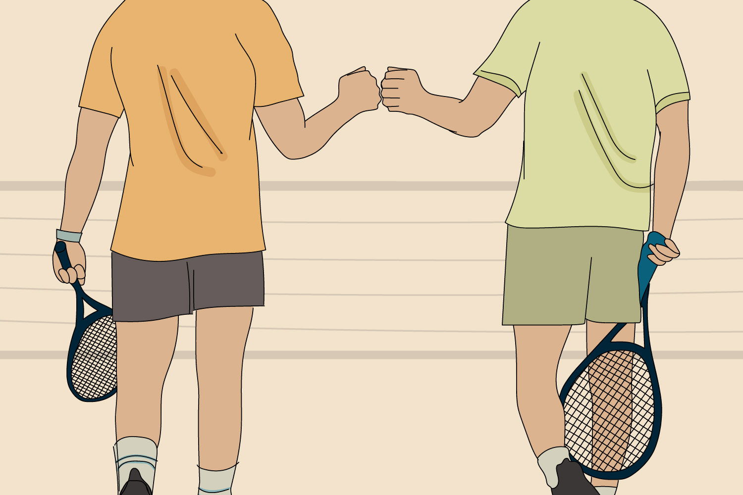 An illustration of two tennis players fist-bumping. We discuss why tennis friends are so great for your longevity.