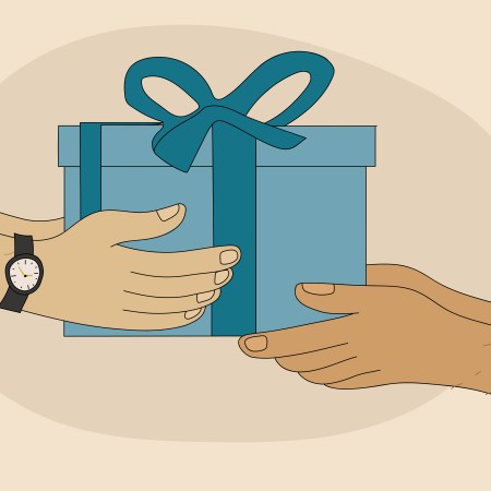 An illustration of one man handing a birthday gift to another. We take a look at the art of gift-giving among adult men, and how they can do better.