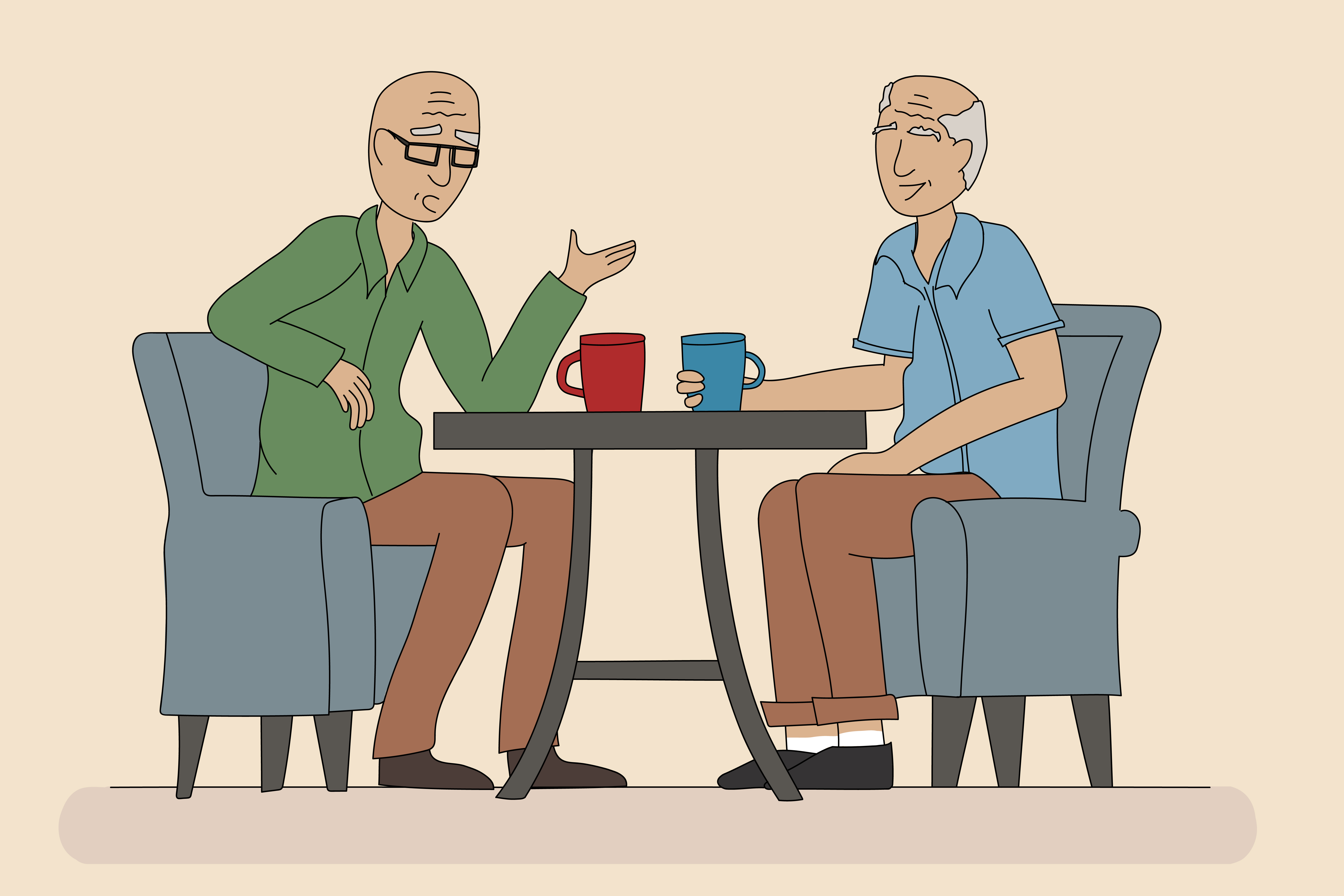 Two men, one a Republican and one a Democrat, sitting at a coffee shop in an illustration. We spoke with two men, one a Trump voter and one a Biden voter, about how they became friends despite political differences.