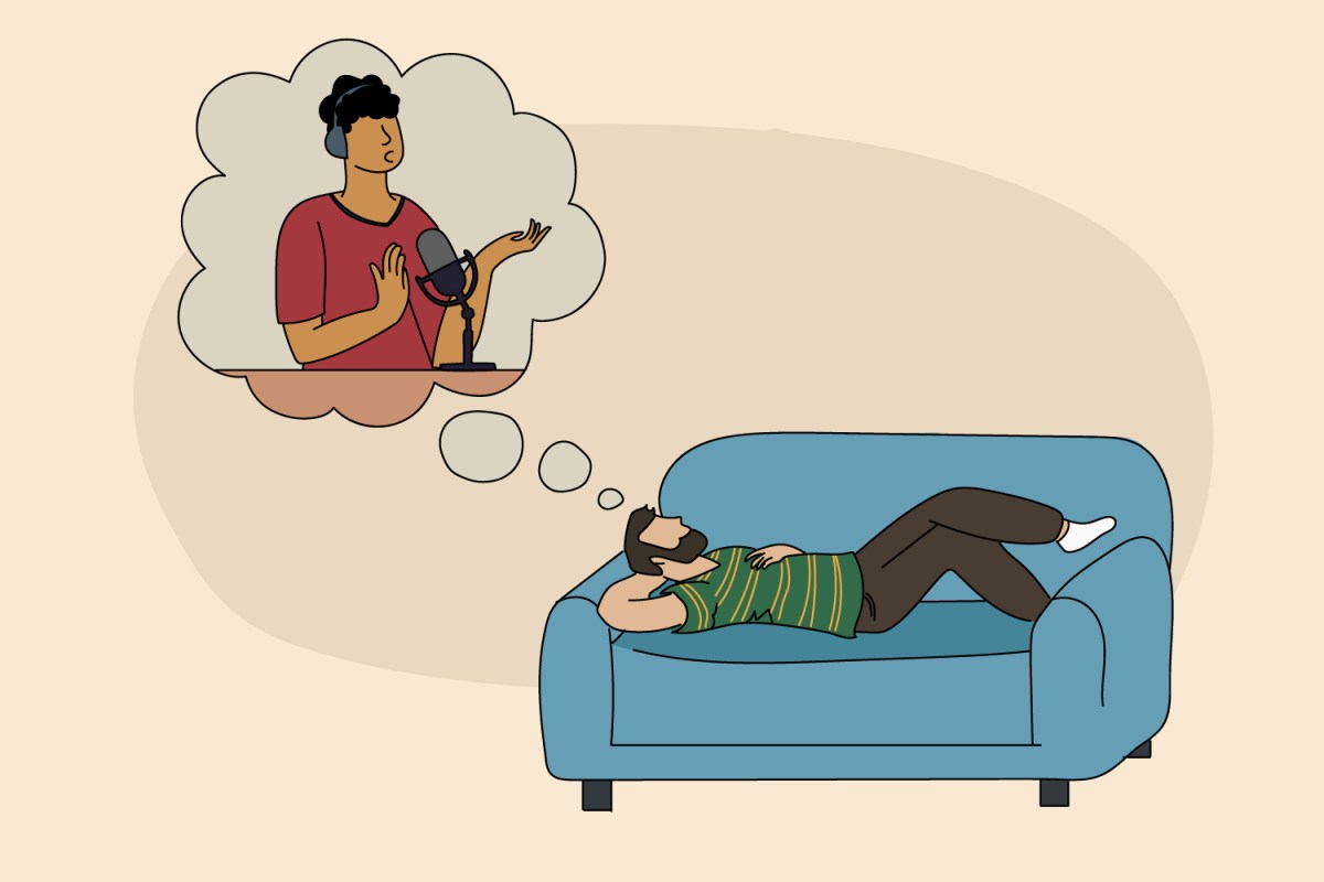 An illustration of a man lying on a couch, daydreaming about a podcaster. We look at how parasocial relationships with podcasters are impacting real friendships