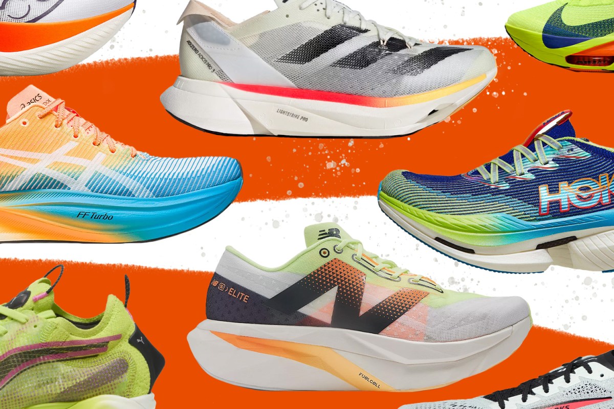 A collage of super shoes on a red stripe background