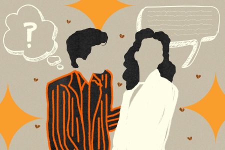 An illustration of a man and woman talking. We explore the phenomenon of men not asking women questions on dates.