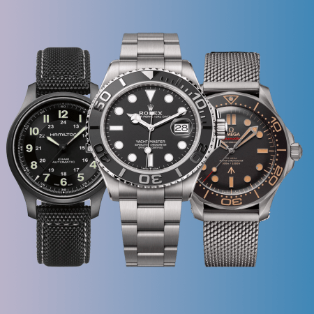 Left to right: Hamilton Khaki Field Titanium Auto, Rolex Yacht-Master 42 RLX Titanium, Omega Seamaster Diver 300M